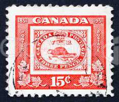 Postage stamp Canada 1951 Stamp of Three penny Beaver