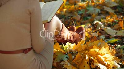 Girl Reading Lecture Notes in the Autumn Park