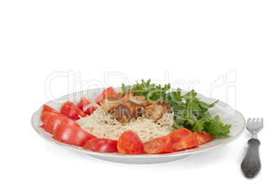 Spaghetti with meat and vegetables