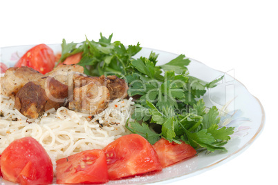 Spaghetti with meat and vegetables