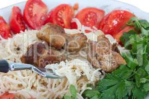 Spaghetti with meat and vegetables