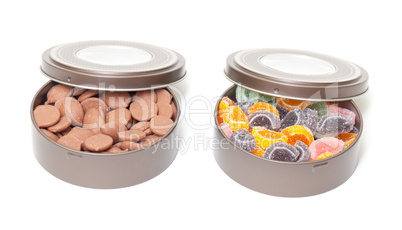 Colorful Jelly and Chocolate Candies in tin cans