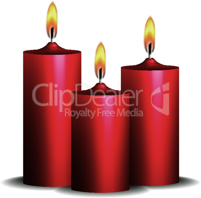 Three red burning candles on white background.