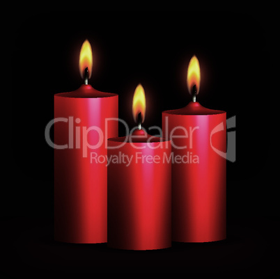 Three red burning candles on black background.