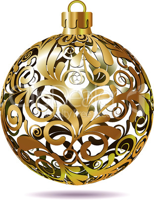 Gold Openwork Christmas ball on white background.