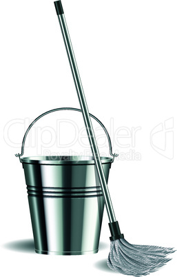 Bucket and mop on white background.