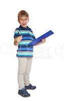 Boy writes in his diary. Isolated over white background.