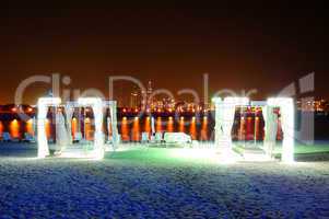 Night illumination of the luxury hotel on Palm Jumeirah man-made