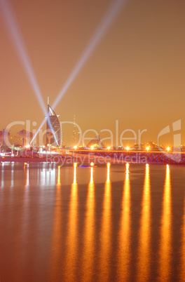 Night illumination of the luxury hotel on Palm Jumeirah man-made