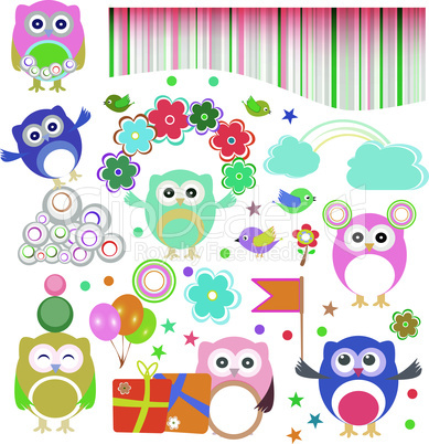 Birthday party elements with funny owls. Vector set