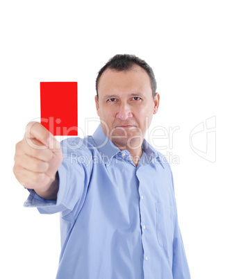 Young businessman is showing a red card