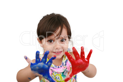 Cute little girl with painted hands. Isolated on white backgroun