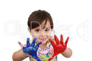 Cute little girl with painted hands. Isolated on white backgroun