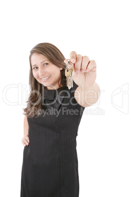 Realtor is giving the keys to an apartment to some clients, focu