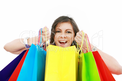 Shopping woman excited, isolated on white