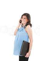 Site view of a beautiful pregnant woman talking on a phone, isol