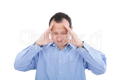 Stressed business man with a headache, isolated over white