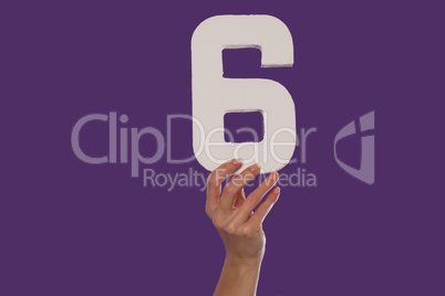 Female hand holding up the number 6  from the top