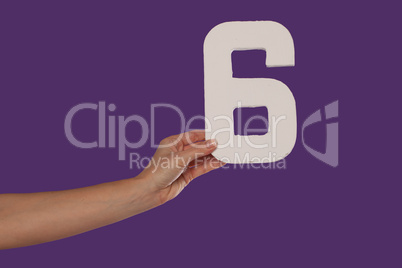 Female hand holding up the number 6from the left