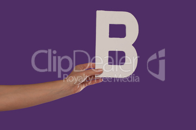 Female hand holding up the letter B from the left