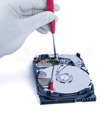 technician with open hard-disk