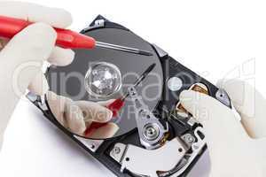 technician with open hard-disk