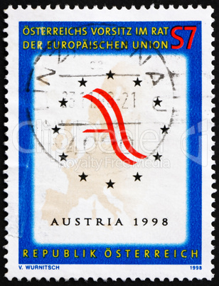 Postage stamp Austria 1998 Map of Europe and Austrian Flag