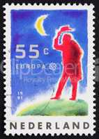Postage stamp Netherlands 1991 Man and Moon