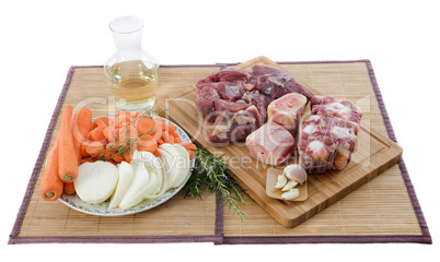 variety of meat, vegetables and wine
