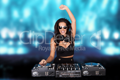 Jubilant sexy female disc jockey