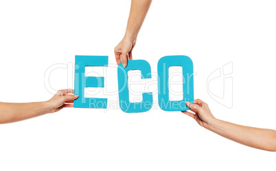 Turquoise alphabet lettering spelling ECO