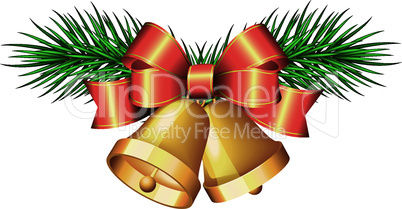 Christmas golden bells with red bows.