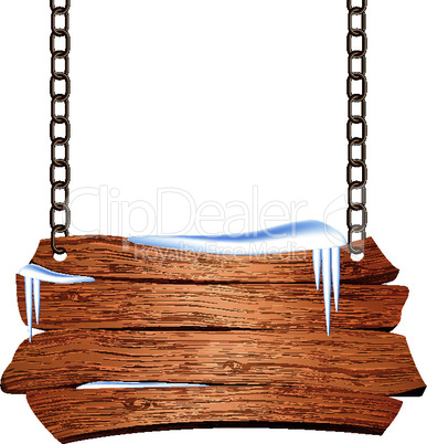 Wooden sign suspended on chains