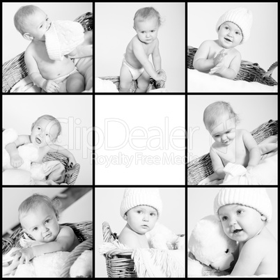 süßes lachendes kleines kind baby in schwarz weiß