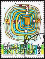 Postage stamp Austria 1975 The Spiral Tree, by Hundertwasser