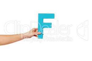 hand holding up the letter F from the left