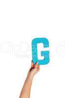 hand holding up the letter G from the bottom