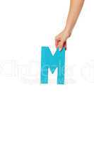 hand holding up the letter M from the top