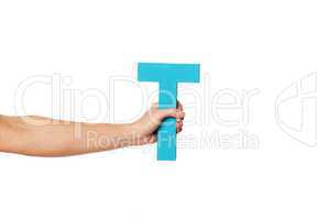hand holding up the letter T from the left