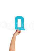 hand holding up the letter Q from the bottom