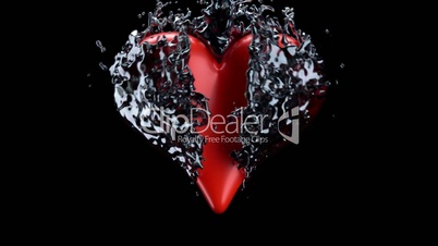 Red heart shape and liquid splashes with slow motion. Alpha matte is included