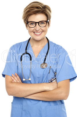 Profile shot of a cheerful middle aged female doctor
