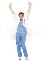 Cheerful doctor raising her hands up in celebration