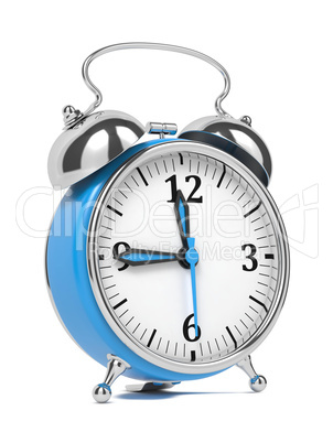Blue Old Style Alarm Clock Isolated on White.