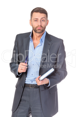 Portrait of thoughtful business man with diary