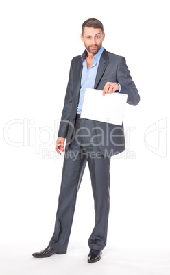 Full length portrait businessman showing an empty board to write