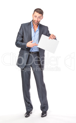 Full length portrait businessman showing an empty board to write