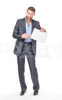 Full length portrait businessman showing an empty board to write