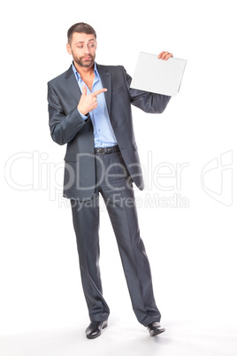 Full length portrait businessman showing an empty board to write