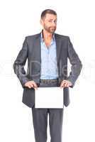 Portrait businessman showing an empty board to write